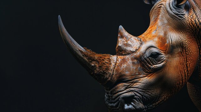 Close up image of a rhino against a black background. Suitable for wildlife and conservation projects