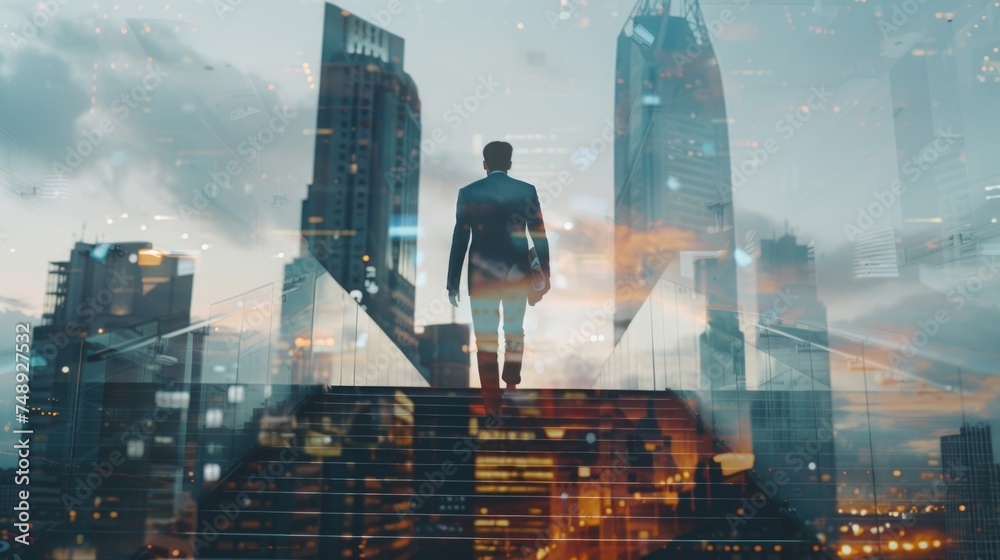 Poster A man standing on top of a set of stairs. Suitable for various concepts and designs