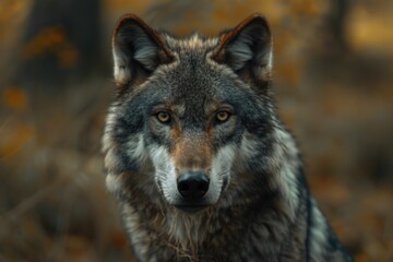 Naklejka na ściany i meble A close up of a wolf looking directly at the camera. Ideal for nature and wildlife themes