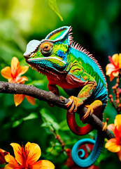 Fototapeta premium chameleon on tropical flowers. Selective focus.