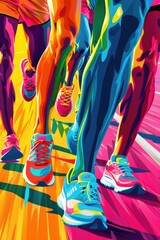 A dynamic painting of a group of people running. Suitable for sports or active lifestyle concepts