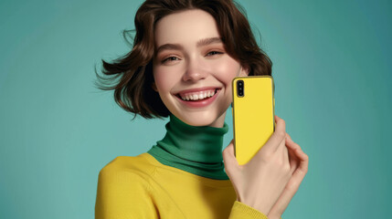 joyful woman with a bright smile, holding a yellow smartphone in her hands.
