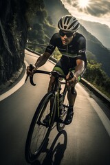A man is energetically riding a bicycle down a curvy mountain road, leaning into each turn with precision and focus - obrazy, fototapety, plakaty