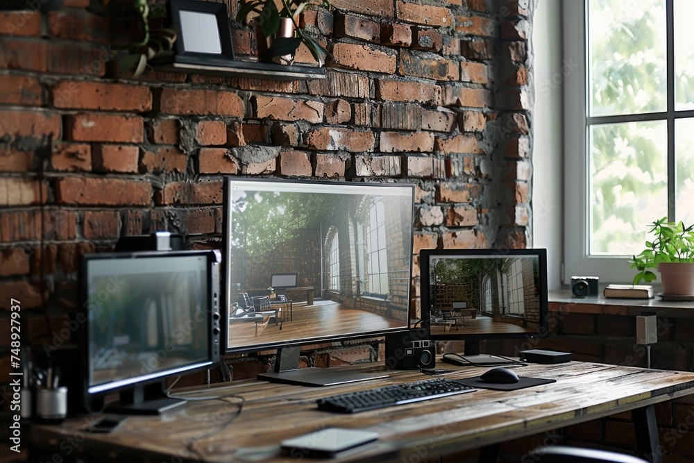 Poster A modern office desk setup with two monitors and a keyboard. Suitable for technology and workplace concepts