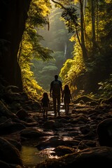A man and two children are walking through a dense forest. The man leads the way, followed by the two children. Trees surround them as they navigate through the rich vegetation
