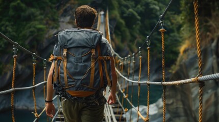 A man walking across a suspension bridge over a river. Suitable for travel and adventure concepts