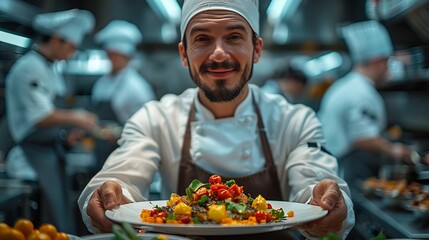 A chef is smiling while holding a dish of food in a kitchen - obrazy, fototapety, plakaty