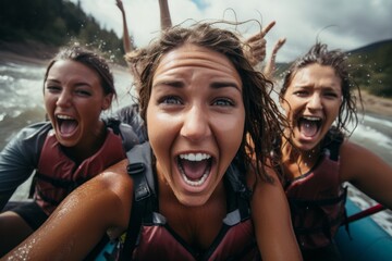 A group of women enjoying a thrilling ride on top of a raft as they navigate down a roaring river, showcasing teamwork and adventure - obrazy, fototapety, plakaty