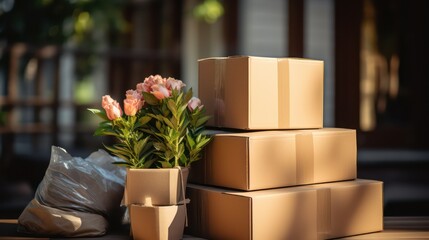 Boxes mail on the table with home flowers