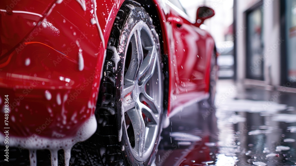 Wall mural Close-up shot of a red sports car in snowy weather. Perfect for automotive and winter-themed projects