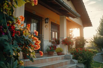 Fototapeta na wymiar A house with a colorful array of flowers on the front steps. Perfect for home and garden designs