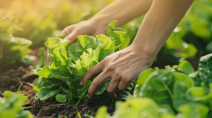 Close up hand of woman farmer picking lettuce - obrazy, fototapety, plakaty