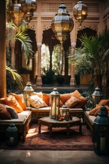 A Moroccan-inspired lounge area with rich textiles, intricate tile work, and ornate lanterns
