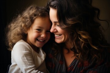 A woman and a child are joyfully smiling at each other, radiating happiness and love in their interaction. The mothers warm gaze and the childs bright smile convey a sense of connection and affection