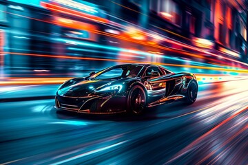 Fototapeta premium A dynamic shot captures the speed and elegance of a black high-performance sports car hustling through an urban nightscape