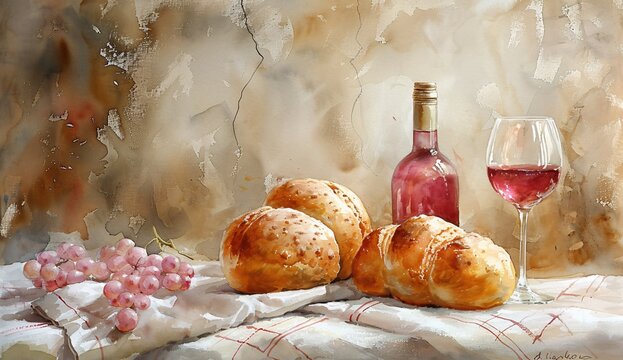 a painting of food and wine