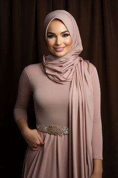 A Muslim woman confidently stands in front of a curtain, wearing a hijab. She exudes strength and pride in her cultural and religious identity