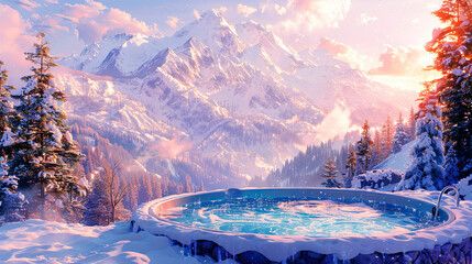 Open-air bath interior near forest, winter, snow view. hot tub outside - obrazy, fototapety, plakaty