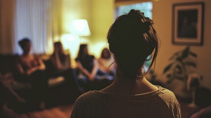 An image capturing a woman from behind observing a group of people, evoking a sense of contemplation - obrazy, fototapety, plakaty