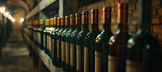 Black wine bottles lined up and stacked on shelves in a luxury private collection collectible wine store. AI generated illustration - obrazy, fototapety, plakaty