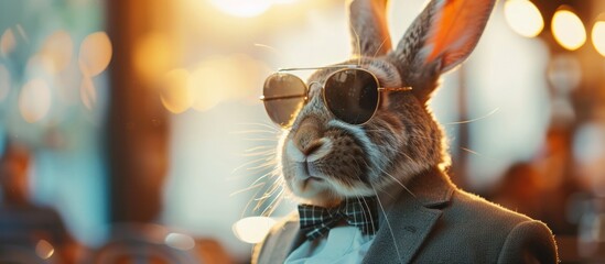 Against a blurred background, the formally dressed rabbit character displays a calm and friendly demeanor, while his relaxed atmosphere creates a pleasant harmony. - obrazy, fototapety, plakaty