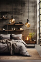 A modern bedroom setting featuring a spacious bed with two stylish hanging lights, adding a touch of industrial chic with exposed pipes and concrete walls