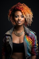 A woman with vibrant colored hair wearing a stylish leather jacket, creating a bold and edgy look. She exudes confidence and individuality with her unique style choices