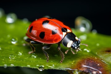 Obraz premium A ladybug is seen up close crawling on a green leaf, showcasing its vibrant red and black colors. The leafs texture and veins are visible, emphasizing the small details of the insects environment