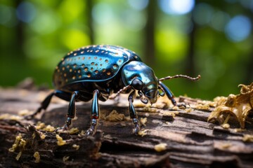 A close-up view of a blue beetle sitting on top of a tree branch, showcasing its vibrant color and intricate details. The beetle appears still and observant in its natural habitat