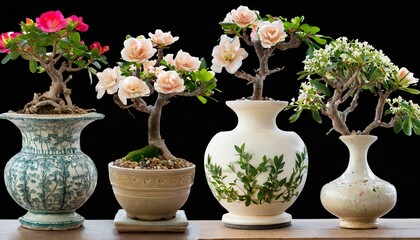 collection Set of different styles of retro vantage desert rose flowers small tree in bonsai style ceramic Japanese vase pot, furniture cosy houseplant cutouts isolated on transparent png background
