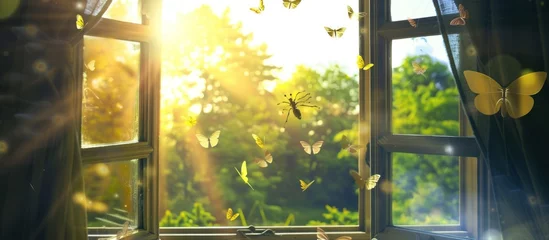 Fotobehang butterflies fly on window in the sun's golden rays © pector