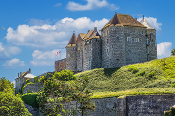 View of Dieppe Castle (Chateau de Dieppe). In 1188, King Henry II of England founded the Chateau de Dieppe. Dieppe, Normandy, France. - obrazy, fototapety, plakaty