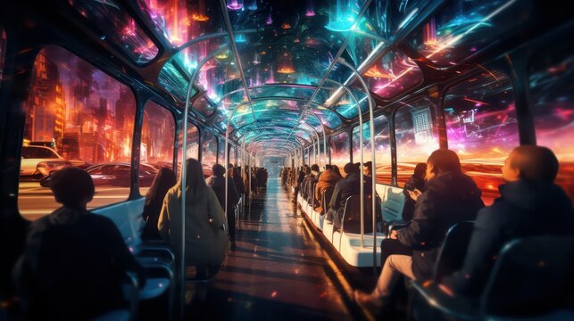 Interior of a bus with people on the background of the night city