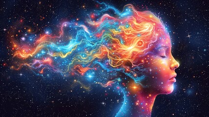 a woman's profile with colorful hair and stars - obrazy, fototapety, plakaty
