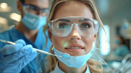 Woman in electric blue goggles getting dental exam in dentists office - obrazy, fototapety, plakaty