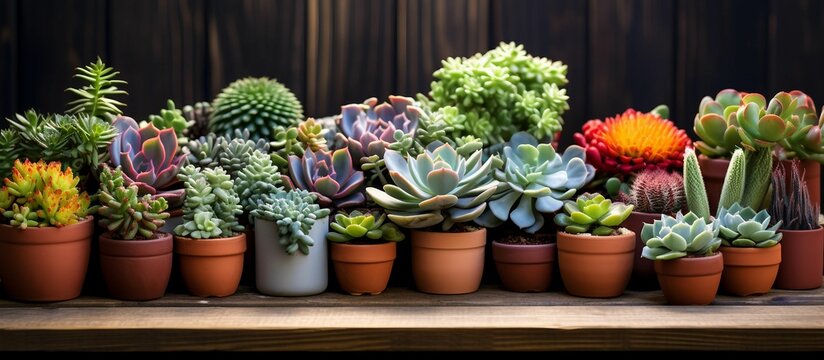 A vibrant collection of various cacti and succulent plants in colorful pots, arranged beautifully against a wooden backdrop.