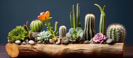 Several small succulents, including cacti, sit atop a rustic wooden log. The succulents are potted and varied in shapes and sizes, creating a visually interesting display of desert plants. - obrazy, fototapety, plakaty
