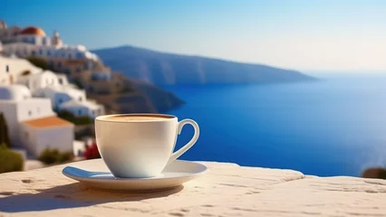 Wandaufkleber Traditional Greek coffee on the balcony with a beautiful Greek Mediterranean city in the background, A cup of coffee or tea on a blurred background of the evening Greek seascape. © екатерина лагунова