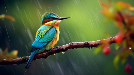 Portrait of a colour-radiant avian species perched on dew-drenched branch after rainfall
