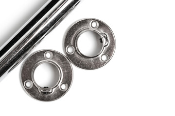 Nickel plated tube and two flanges for its attachment, white background.