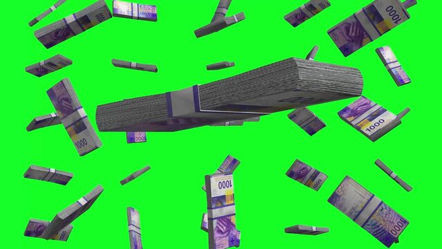 1000 Swiss Francs banknote Falling Animation on Green Screen