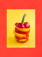 Pyramid with chopped red and yellow bell pepper on the colored  background. Close-up.