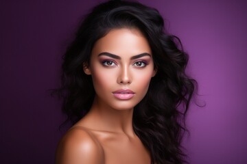 Fototapeta premium Face portrait of beauty model with perfect skin, empty purple studio background. Beautiful woman look at camera, fashion advertising banner