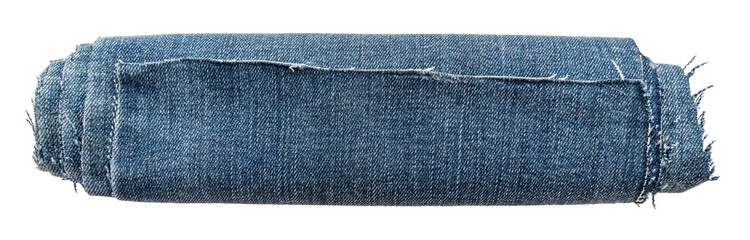 Twisted piece of blue denim on a white background. Material. Denim fabric isolate
