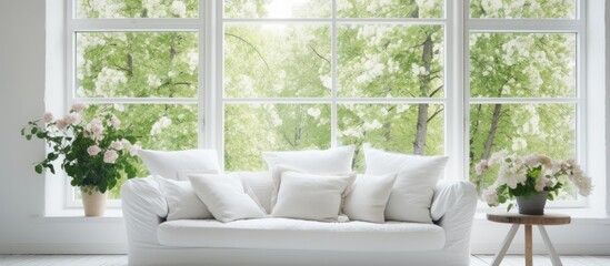 A white couch sits in front of a large window, allowing sunlight to illuminate the room. The minimalist Scandinavian interior design emphasizes simplicity and brightness.