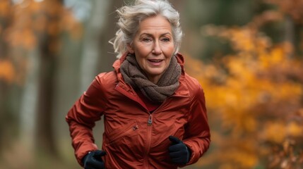 Woman with grey hair in rustcolored outfit jogging outdoors in fall setting.