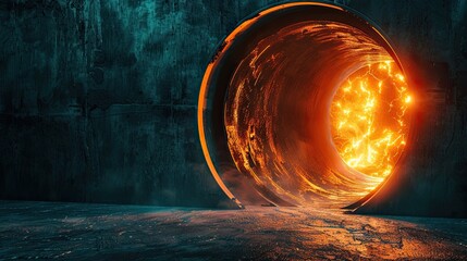 This image depicts an ominous scene where a vibrant, fiery circle that resembles a portal or vortex...