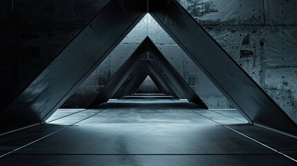 The image shows a succession of symmetrical triangular frames that form a tunnel-like structure,...