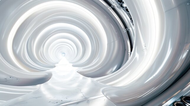 This image depicts an interior tunnel view remarkable for its sleek metallic surfaces and a dizzying swirl effect that draws the eye to the illuminated vanishing point at its center. The sides of the 
