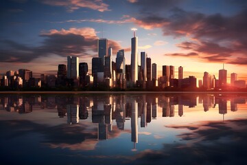City Skyline Reflections: A mesmerizing image of a city skyline reflected in the calm waters of a nearby river, emphasizing urban beauty.

